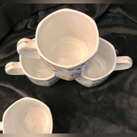 Homco Japan 4 Mugs Cups Hexagon Gilded Peonies Bluebirds Bridgerton China Gift - Picture 8 of 17